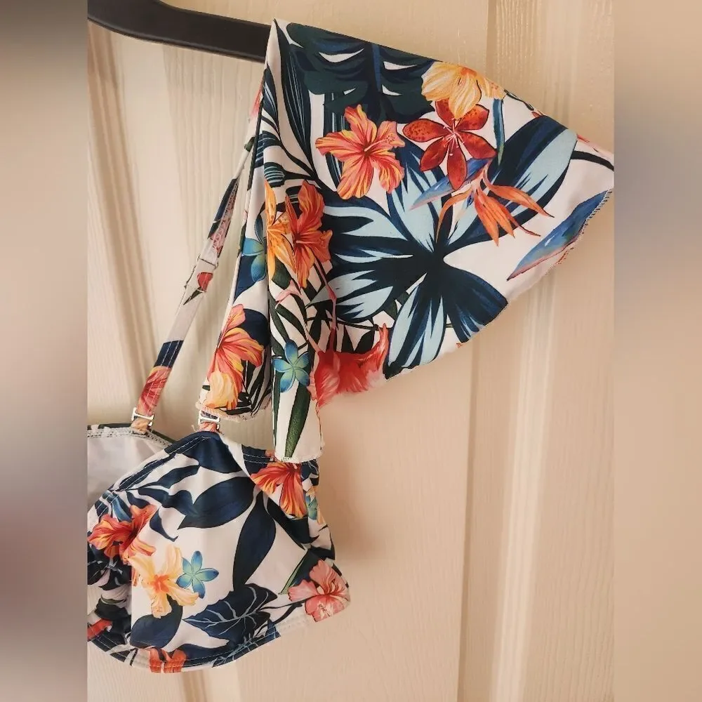 Shein L White Floral Print Top Women's Bikini  Swimsuit